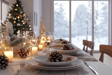 Elegant winter holiday dining table with pinecones and candles by snowy window