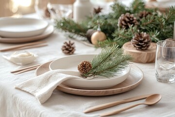 Scandinavian style elegant christmas table setting with pine cones and evergreen branches
