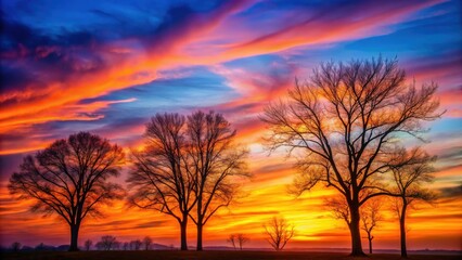Fototapeta premium Silhouettes of bare trees against a colorful sunset sky , nature, landscape, silhouette, trees, sunset, sky, branches
