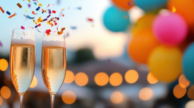 Two elegant champagne glasses with celebratory balloons in vivid colors and atmosphere of joy and celebration, perfect for festive events and parties.