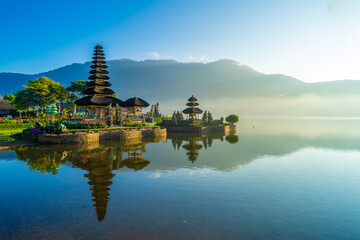 Ulun Danu Temple Bratan Lake in the morning at Bedugul, Bali, Indonesia