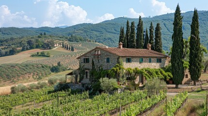 Naklejka premium A picturesque Tuscan villa surrounded by lush vineyards and rolling hills, perfect for illustrating rural charm, wine tourism