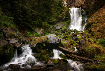 Mountain forest stream with waterfall in the Caucasus, Russia