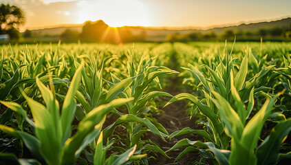 Obraz premium Sunset Over a Lush Cornfield