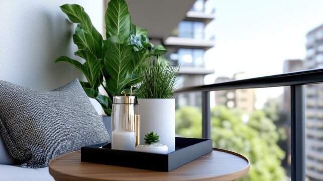 A balcony designed with elegance in mind, featuring stylish decorations and potted plants, alongside a scenic view, perfect for relaxed outdoor living.