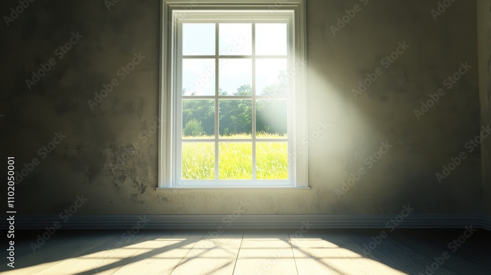 Poster sunlight streaming through window in abandoned room with nature view