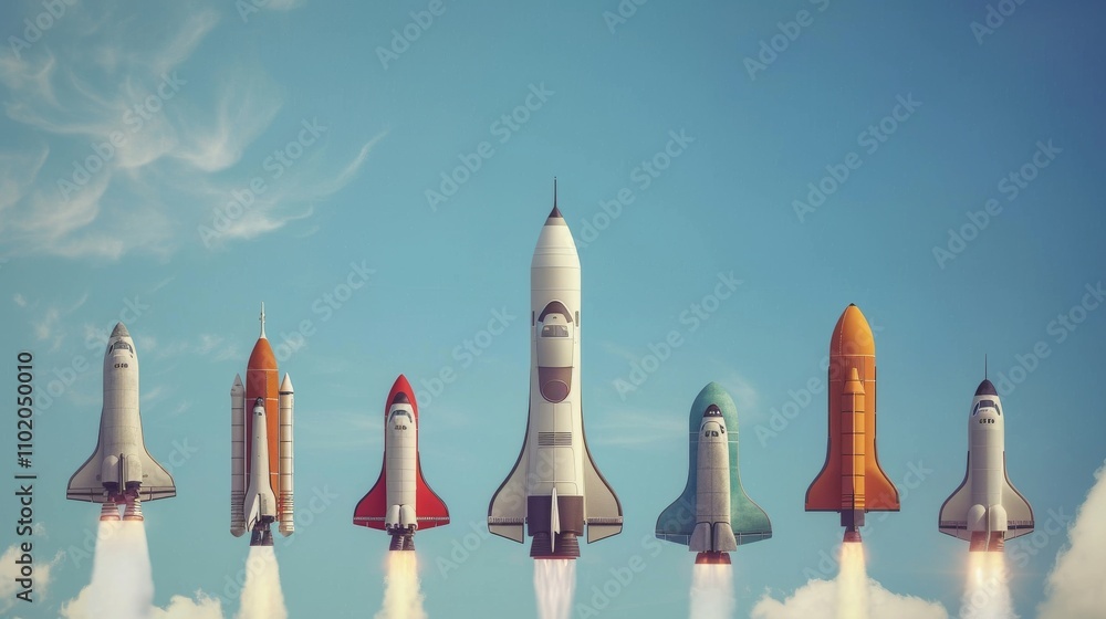 Poster six space shuttles launch simultaneously, showcasing various designs. the bright blue sky and dynami