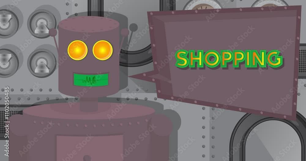 Poster robot with shopping text. cartoon animated video. future robotics animation.