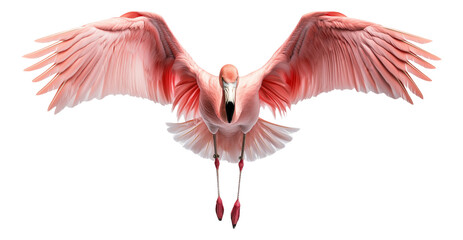 Pink flamingo in flight with wings spread wide on a white background