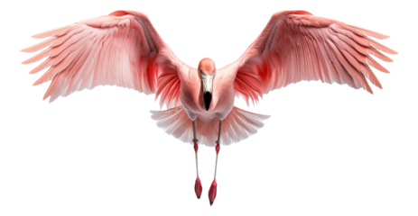 Pink flamingo in flight with wings spread wide on a white background