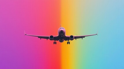 Passenger plane in flight aerial perspective of rainbow colors