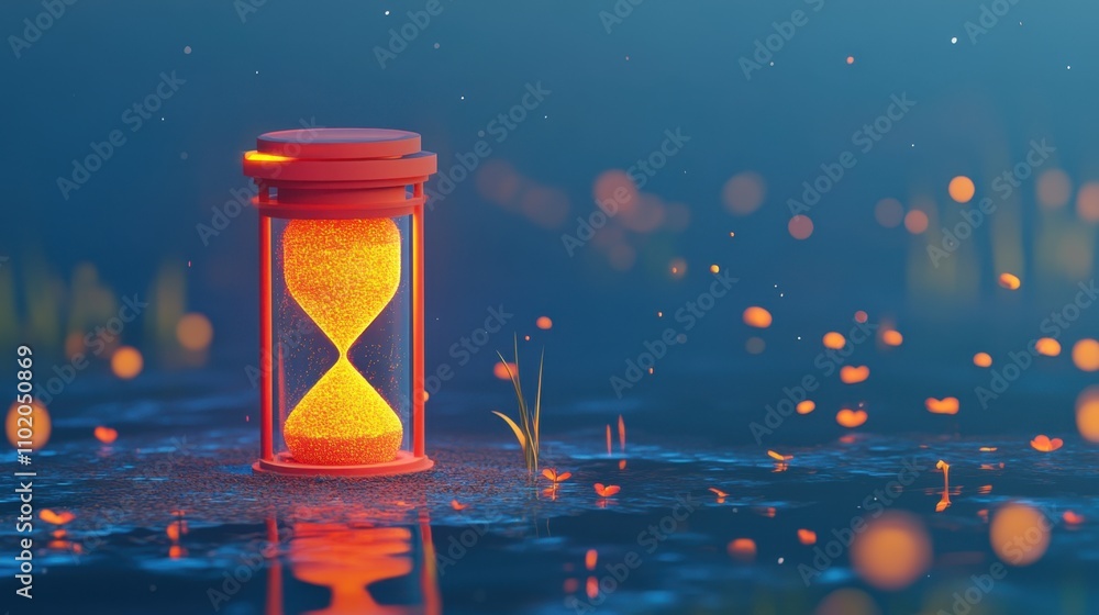 Poster glowing hourglass in a mystical setting with floating particles