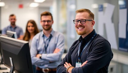 Smiling businesspeople collaborating on a project at the office