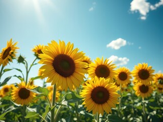 Obraz premium Fresh and vibrant yellow sunflowers blooming in a field under a clear blue sky, sunflowers, agriculture, petals, bright