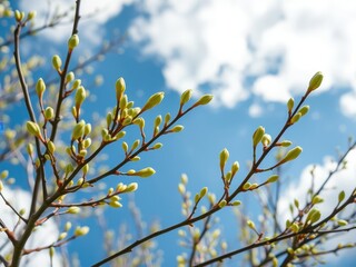 Fresh green spring buds on tree branches against blue sky, springtime, branch, seasons