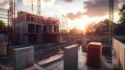 Fototapeta premium Residential construction site at sunset with exposed metal framing