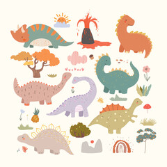 Naklejka premium Set with cute dino, plants, fruits, volcano, rainbows, sun. Kids illustration, set with cartoon animals and nature. Vector illustration. 