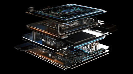 Exploring advanced technology layered circuit board design digital environment graphic display high-tech viewpoint engineering concept