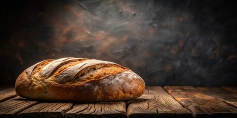 Loaf of bread on rustic wooden table against dark background, food, bakery, fresh, homemade, organic, healthy, breakfast, nutrition