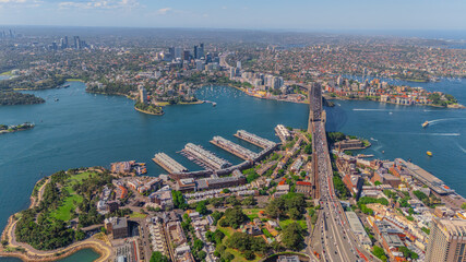 Fototapeta premium Aerial View of Sydney Harbour Balmain Darling harbour Sydney CBD cockle Bay Wharf North Sydney harbour bridge Lavender Bay Milsons Point Manly on a warm summer day blue skies 