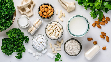 Healthy eating essentials kale almonds calcium supplements kitchen food photography nutrition concepts for osteoporosis prevention