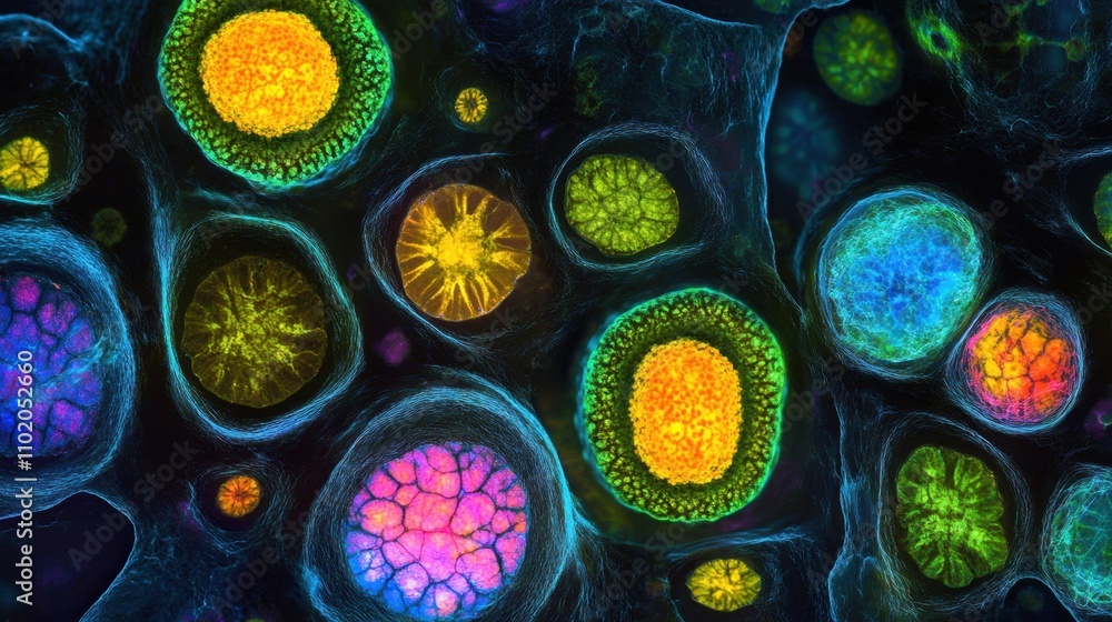 Poster colorful microscopic view of cellular structures under a microscope