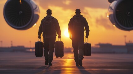 Passengers boarding flight at airport sunset travel scene outdoor view