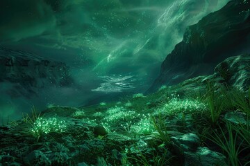 Obraz premium A Lush, Green, Ethereal Landscape Under a Starry Night Sky