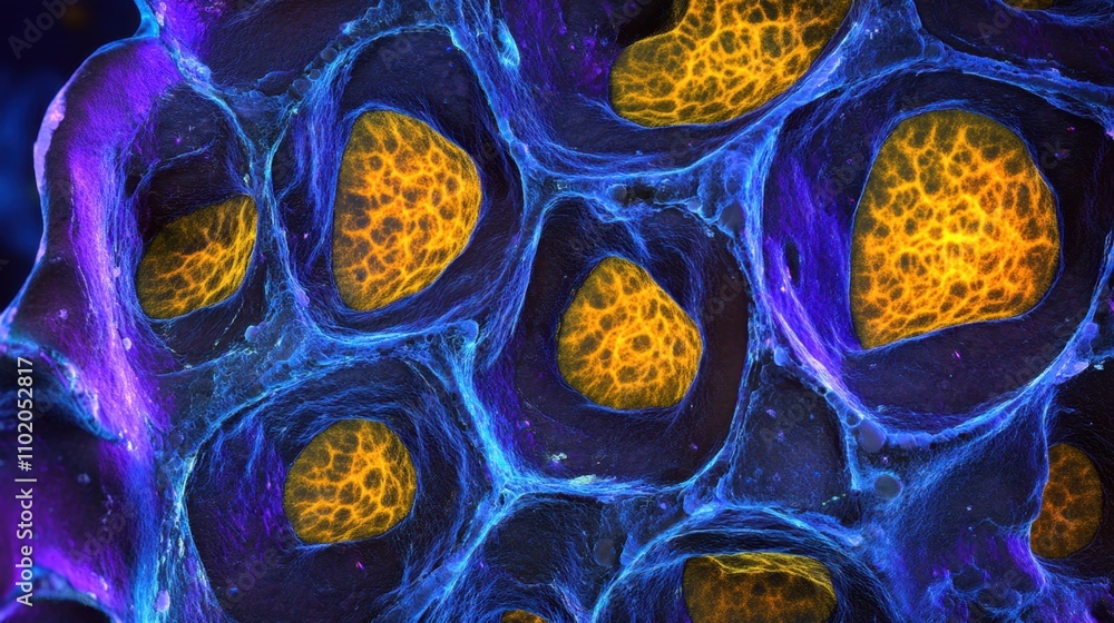 Poster colorful microscopic view of cells with intricate patterns and textures