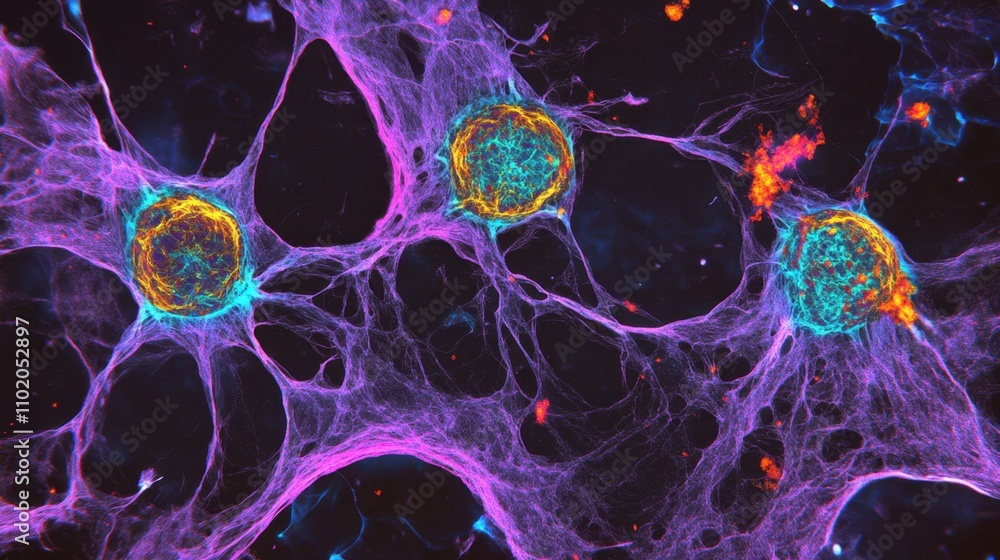 Poster colorful microscope image of neurons and cell structures