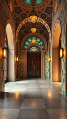 Obraz premium Mediterranean-inspired foyer with mosaic tiles and arched doorways, Mediterranean, mosaic tiles, arched doorways, interior design, colorful