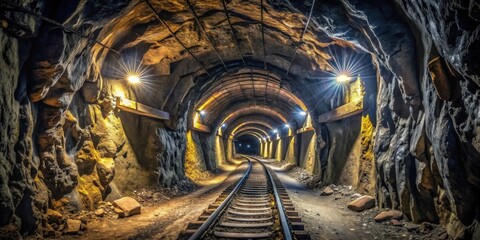 Naklejka premium Underground mine passage angle shot, mining, tunnels, underground, dark, industrial, depth