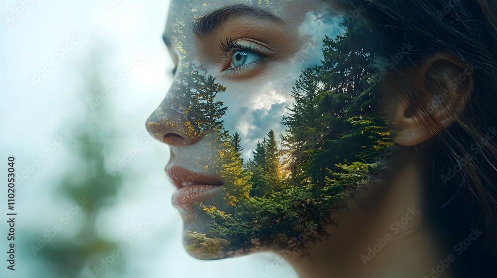 Poster ethereal portrait of a woman with nature reflections showcasing trees and clouds merging with facial
