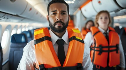 Cabin crew demonstrates life jacket safety during in-flight training