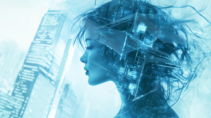Futuristic concepts showcased through digital art of a woman's profile in a tech-driven urban landscape