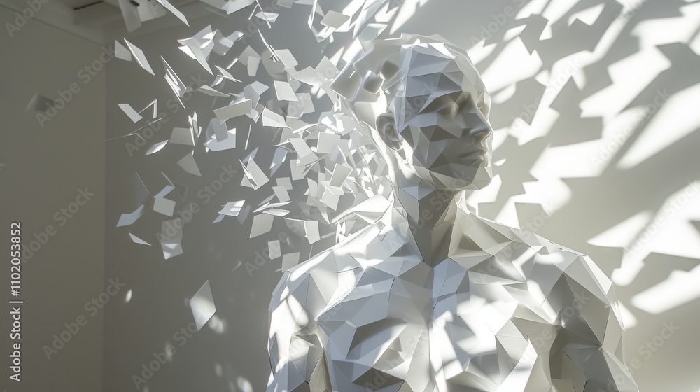 Aufkleber a polygonal figure of a man shattering into pieces as rays of sunlight illuminate him. the abstract 