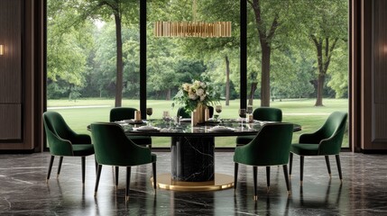 Fototapeta premium A contemporary dining space features a round table surrounded by green chairs, with large windows showcasing a stunning view of lush trees and mountains in the distance