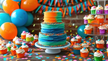 Naklejka premium Vibrant birthday celebration with colorful cake and decorations, perfect for party invites