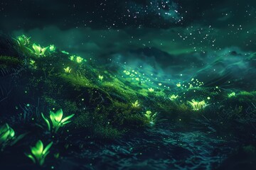 Obraz premium Glowing Flowers in a Dark and Mystical Landscape