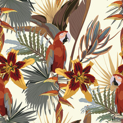 Beautiful vintage Floral pattern in the many kind of flowers, palm leaves and parrots. Tropical botanical Motifs scattered random. Seamless vector texture. Fashion prints. Printing.
