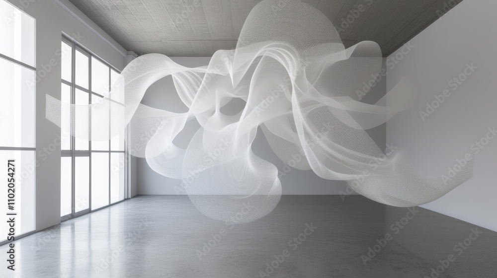 Poster abstract, ethereal white light sculpture seemingly floating in a minimalistic gallery space. the ins