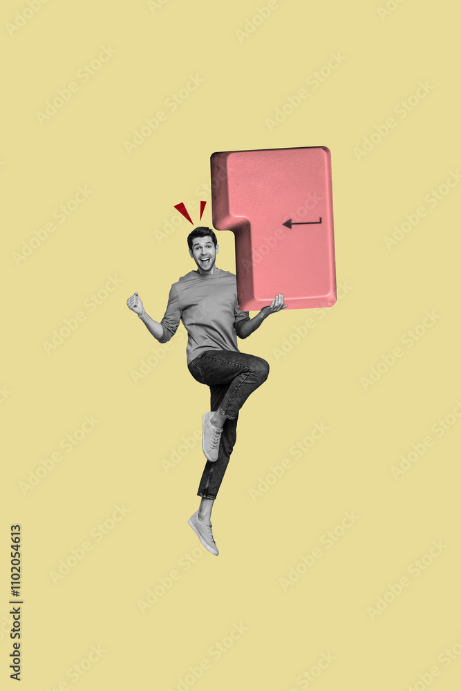 Poster Vertical photo collage of happy guy jump hold electronic keypad button desktop device qwerty isolated on painted background