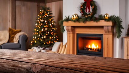 Fototapeta premium Rustic Wooden Table with Christmas and New Year Ambiance