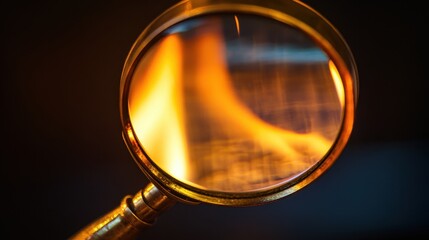 Magnifying Glass Focused on Flames in a Dark Background Environment