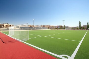 Modern Outdoor Football Field with Artificial Turf and Red Running Track under a Clear Blue Sky