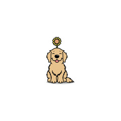 Cute golden retriever sitting with sunflower on head cartoon, vector illustration