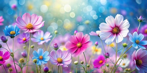 Enchanting pattern of cosmos flowers in shades of blue, pink, and yellow with depth and movement , cosmos flowers, enchanting, pattern
