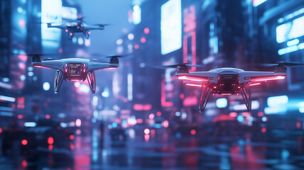 Fototapeta premium Futuristic drones flying in neon lit urban environment at night