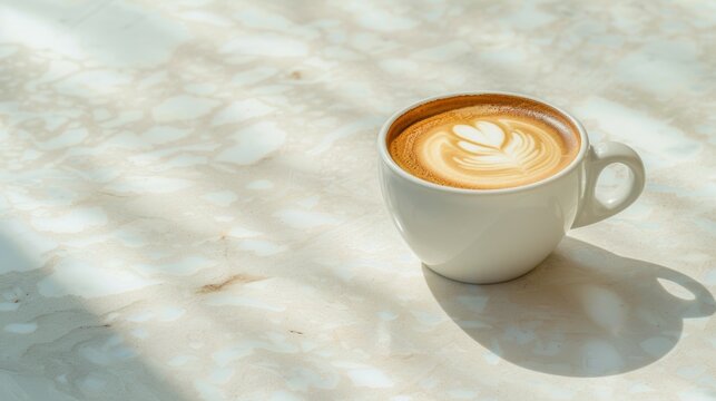A beautiful delicious latte art served in a white cup on a marble table during bright daylight, banner, copy space
