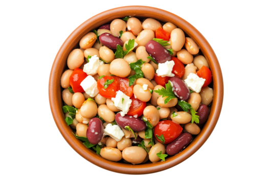 A colorful bean salad topped with herbs and feta cheese in a rustic bowl, on transparent background.